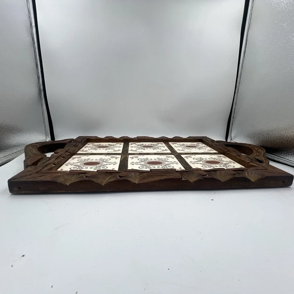 Vintage Hand Carved Mexican Folk Art Wood Serving Tray Ceramic Tiles 22 x 12.5